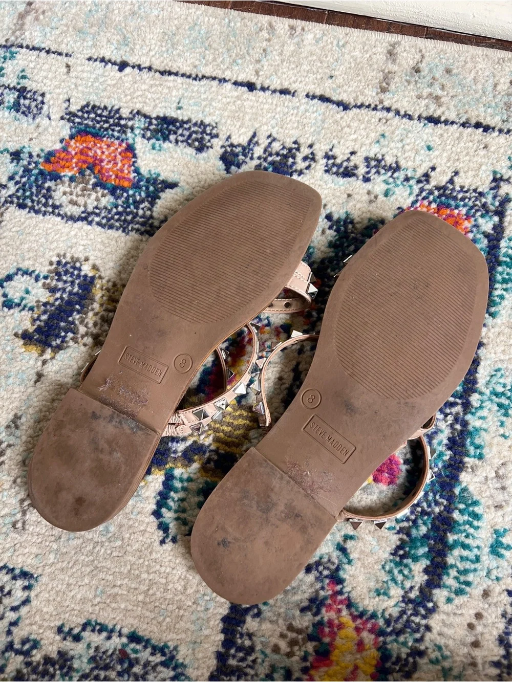 Steve Madden Skyler Studded Three-Band Slide Sandals in Tan size 8